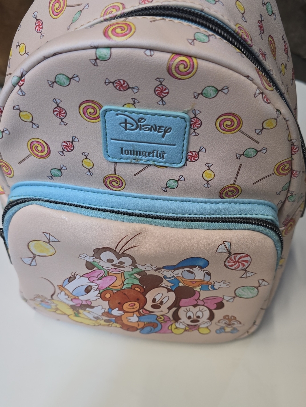 Disney Pink Candy-Print Mini Backpack with Blue Trim